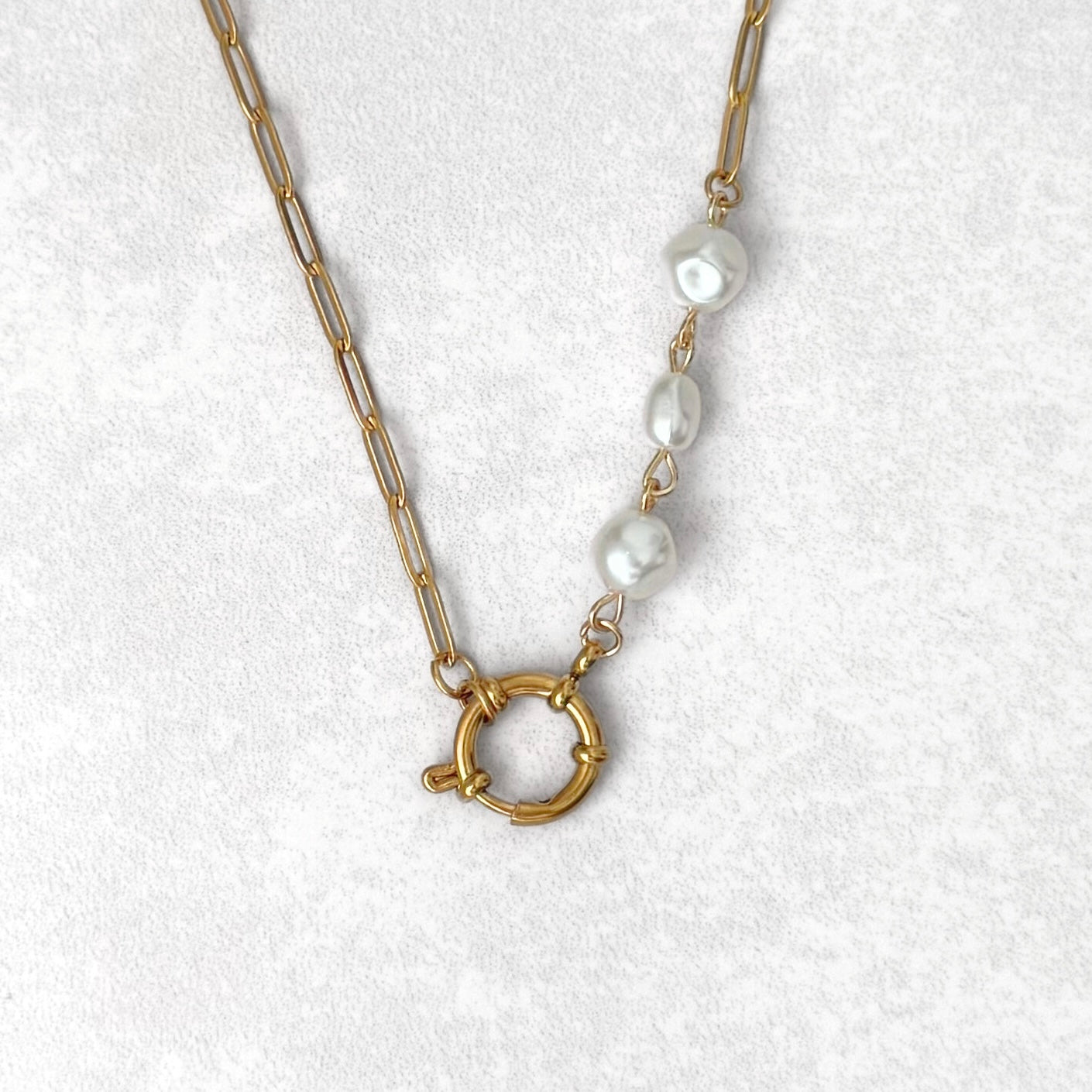 Gold Triple Pearl Charm Necklace
