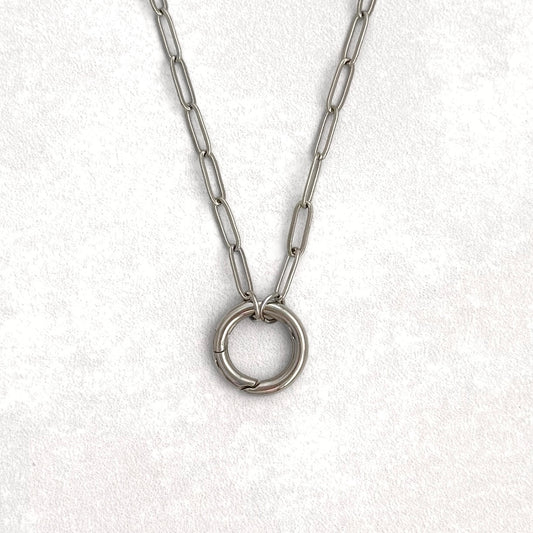 Silver Paperclip Round Charm Necklace