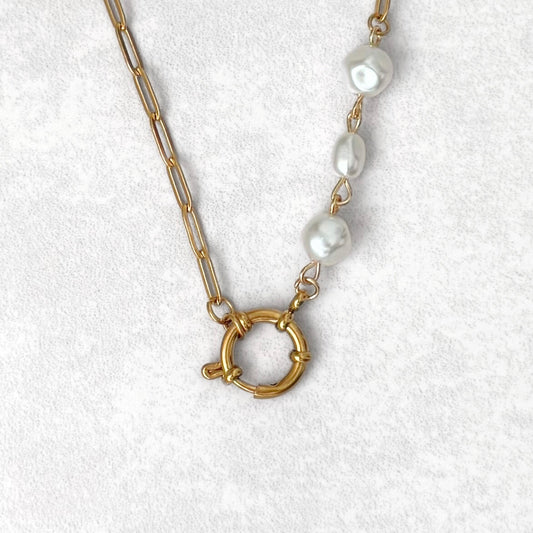 Gold Triple Pearl Charm Necklace