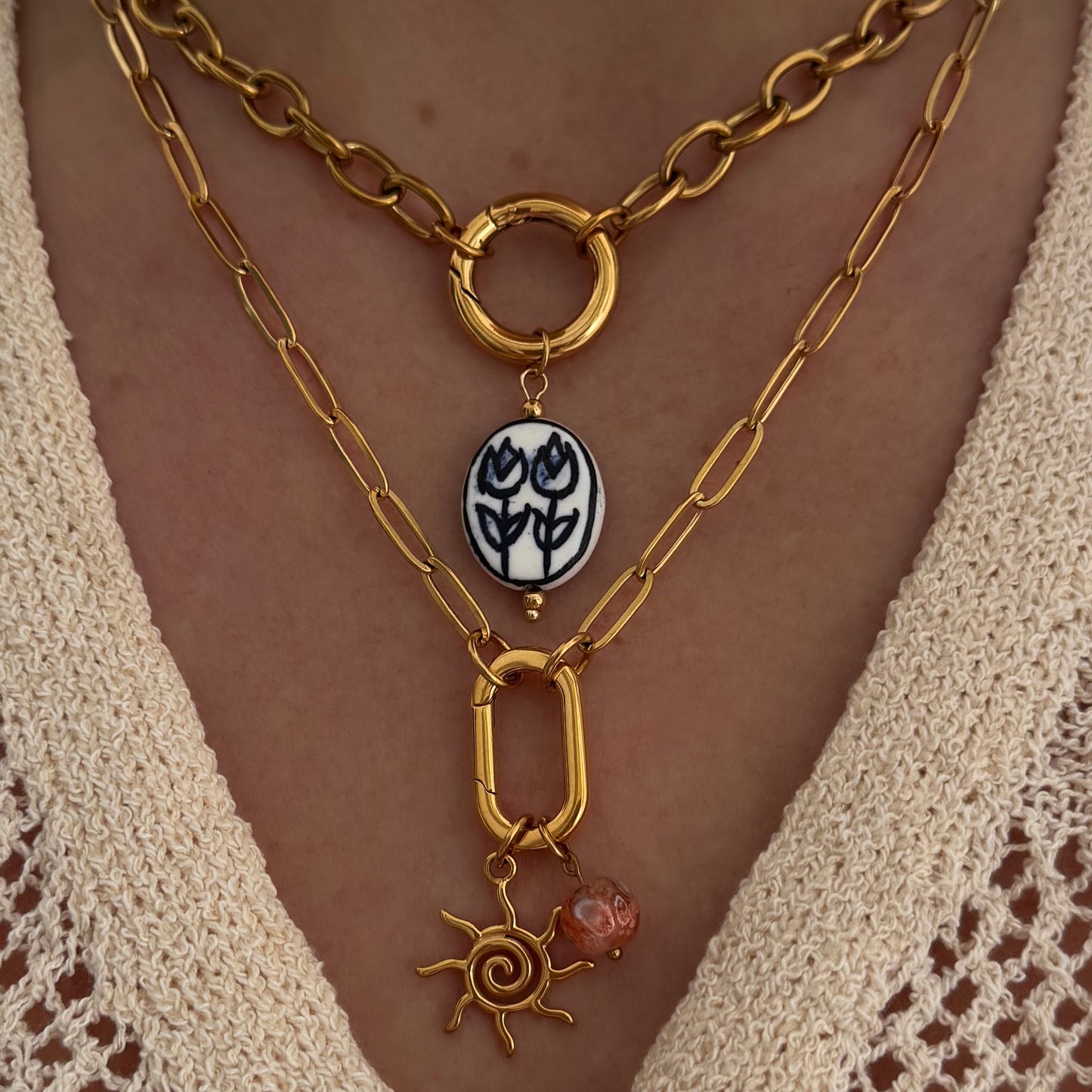 Gold Chunky Rolo Round Charm Necklace