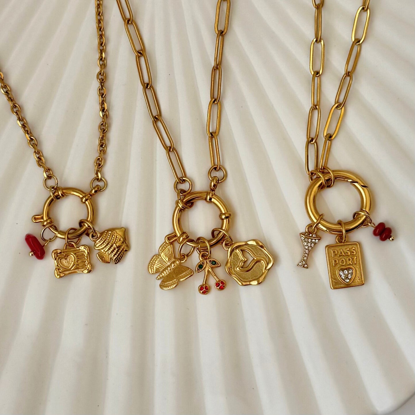 Irregular Red Beaded Charm - Gold