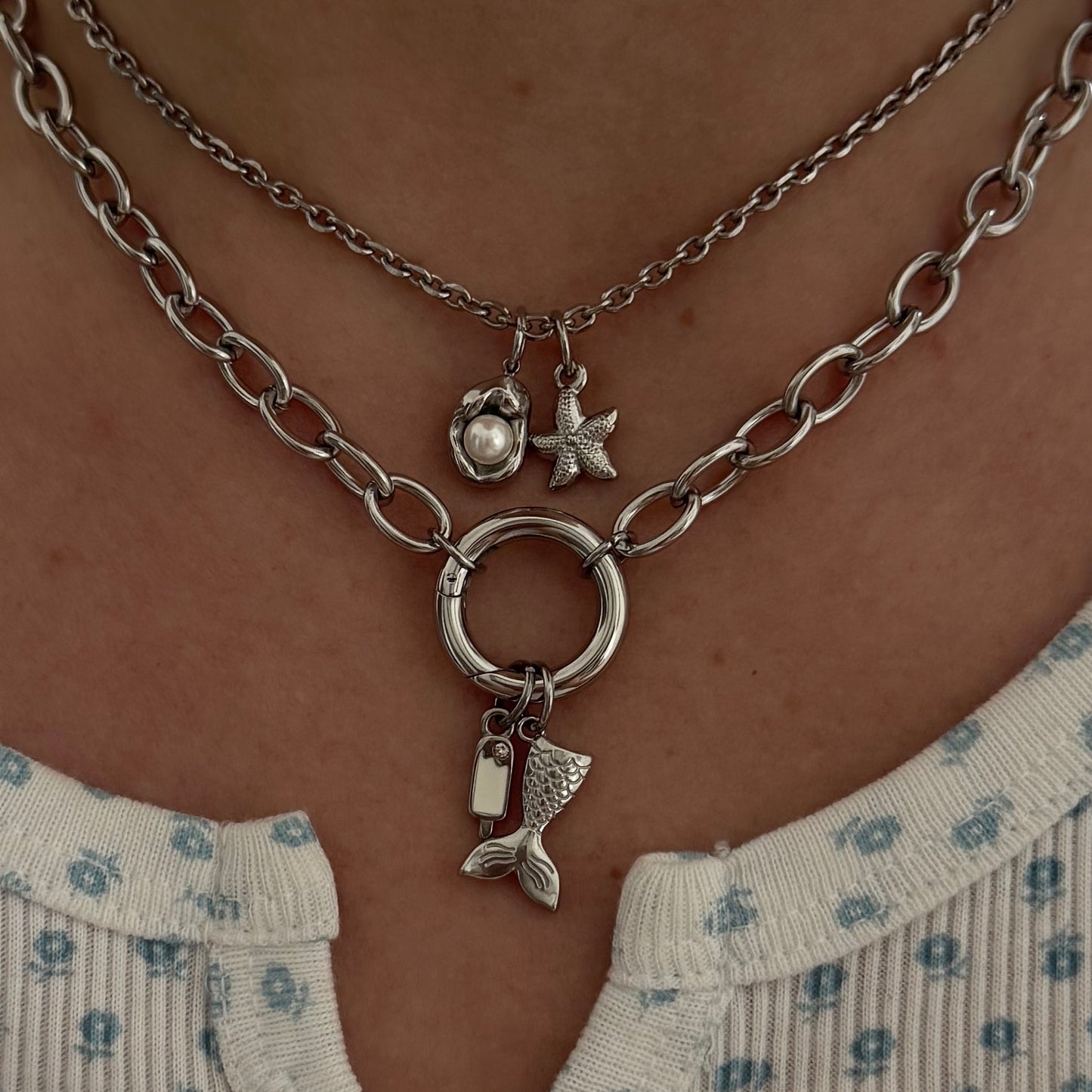 Silver Chunky Rolo Round Charm Necklace