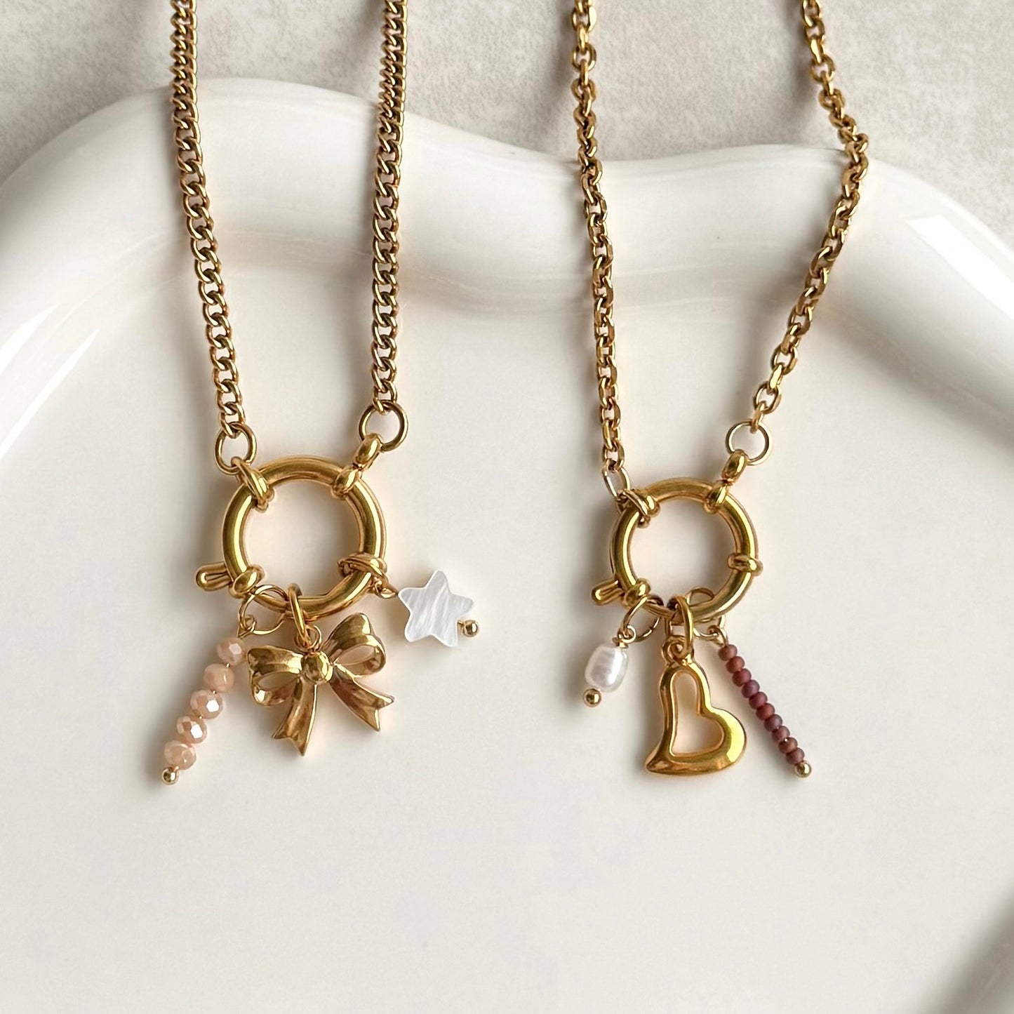 Dark Beige Beaded Charm - Gold