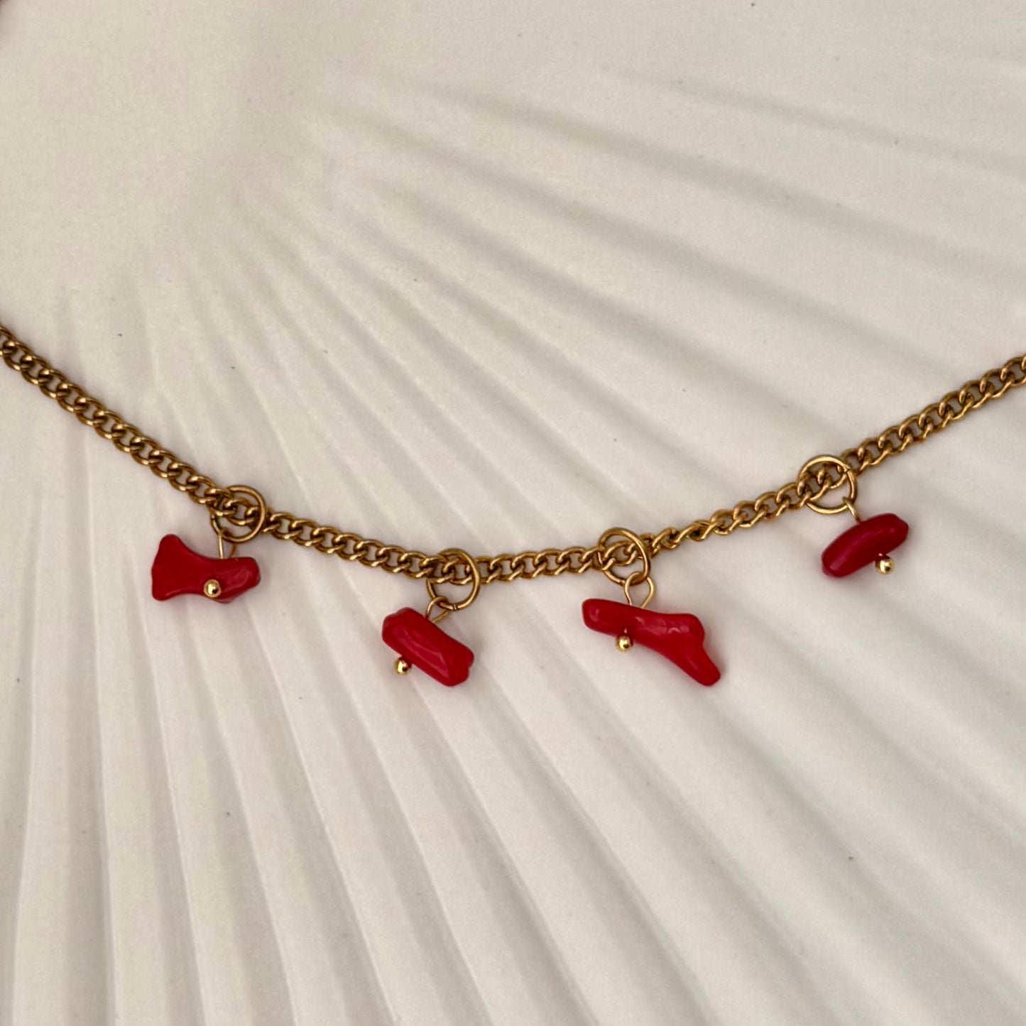 Irregular Red Beaded Charm - Gold