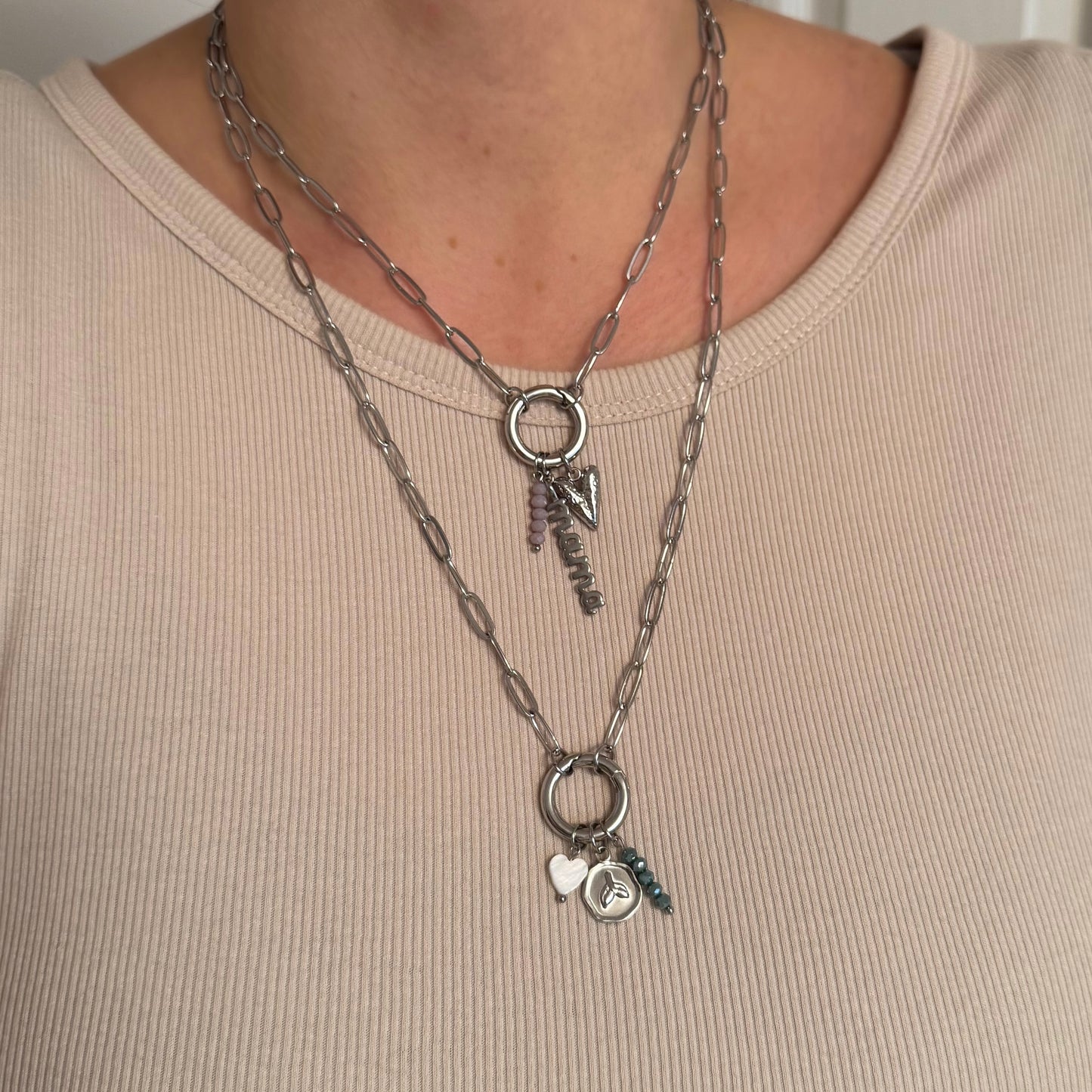 Silver Paperclip Round Charm Necklace