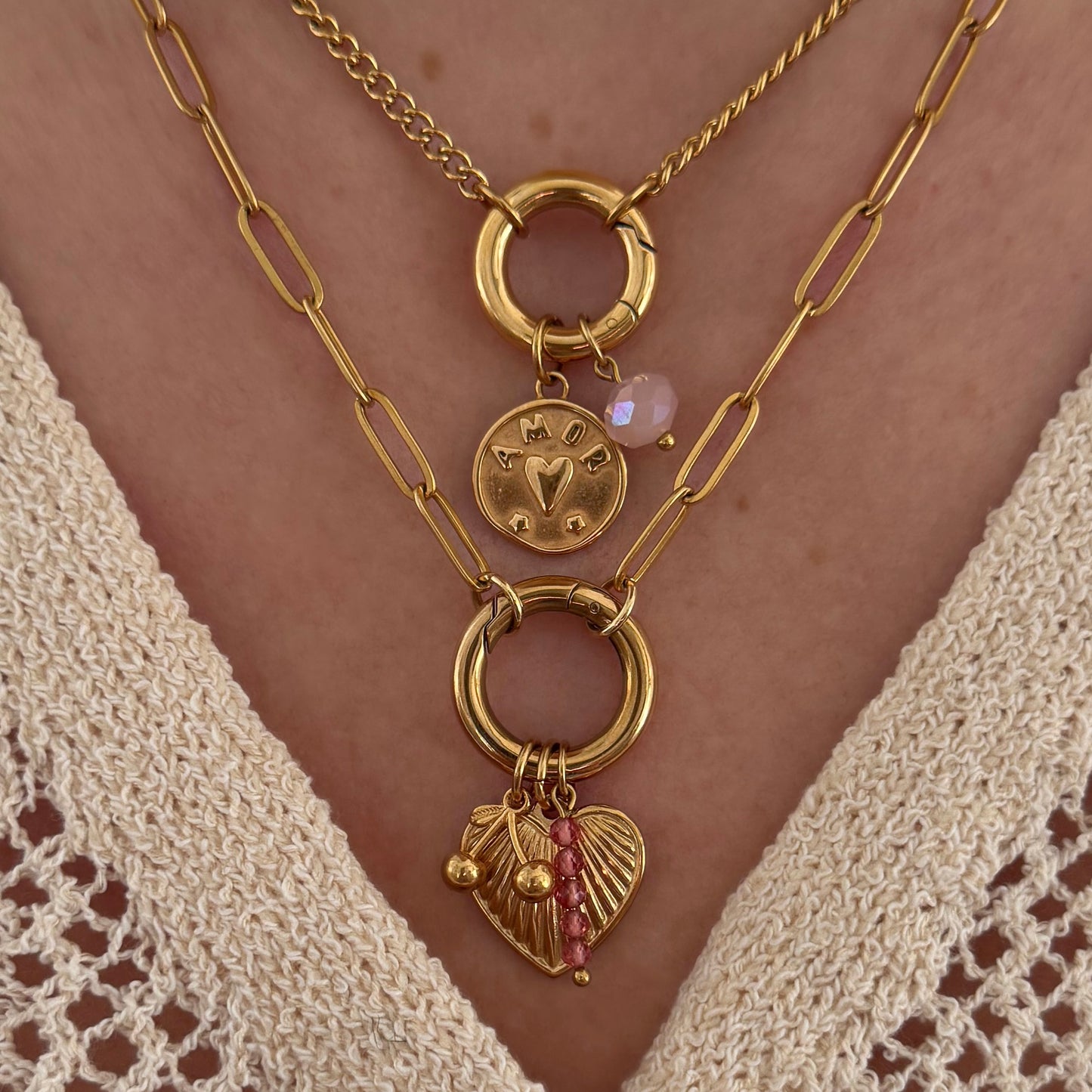 Pink Sparkle Beaded Charm - Gold