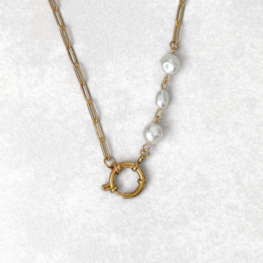 Gold Triple Pearl Charm Necklace