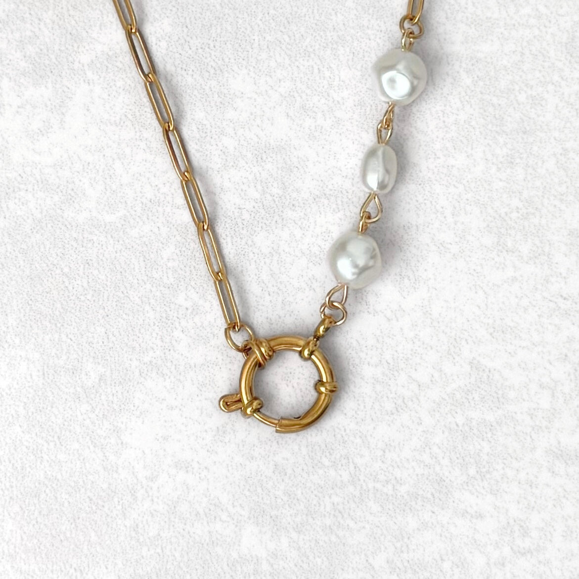 Gold Triple Pearl Charm Necklace