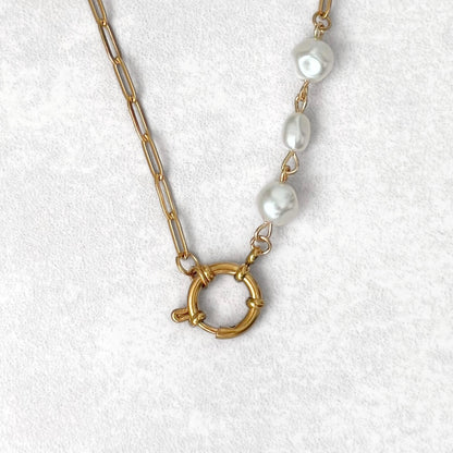 Gold Triple Pearl Charm Necklace
