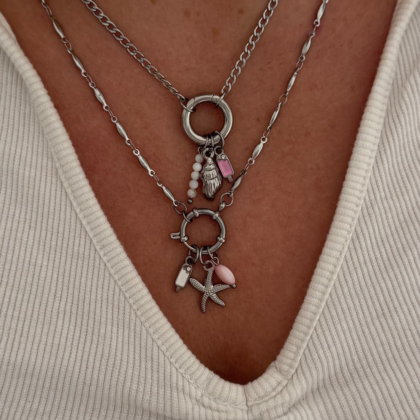 Silver Oval Link Sailor Charm Necklace