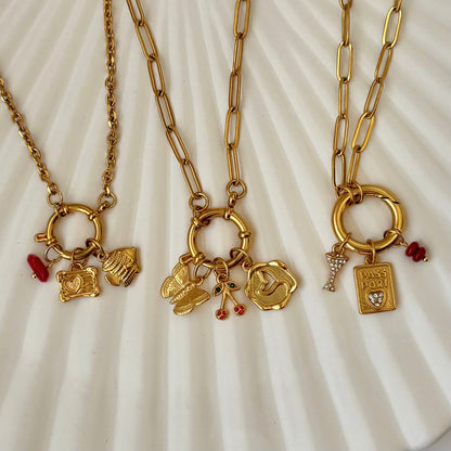 Irregular Red Beaded Charm - Gold