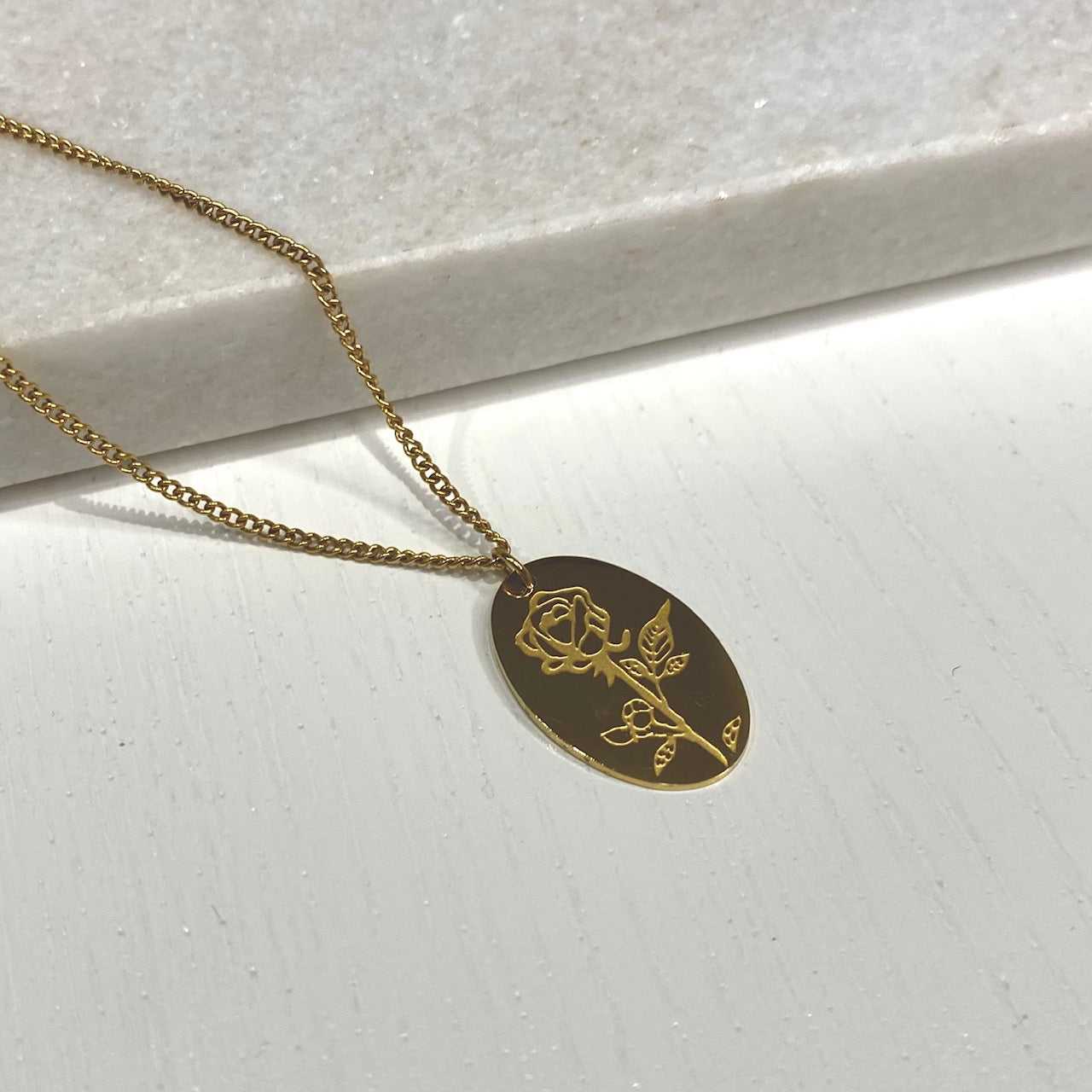 gold engraved rose pendant necklace