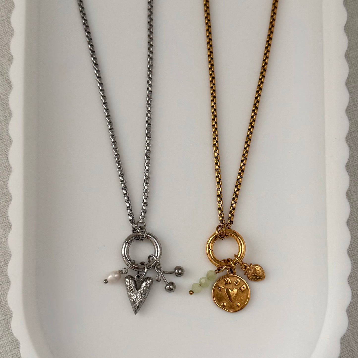 Silver Box Link Round Charm Necklace