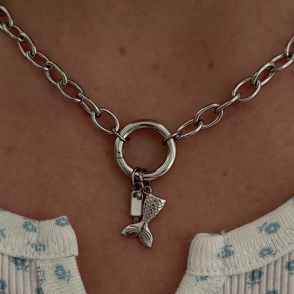 Silver Chunky Rolo Round Charm Necklace
