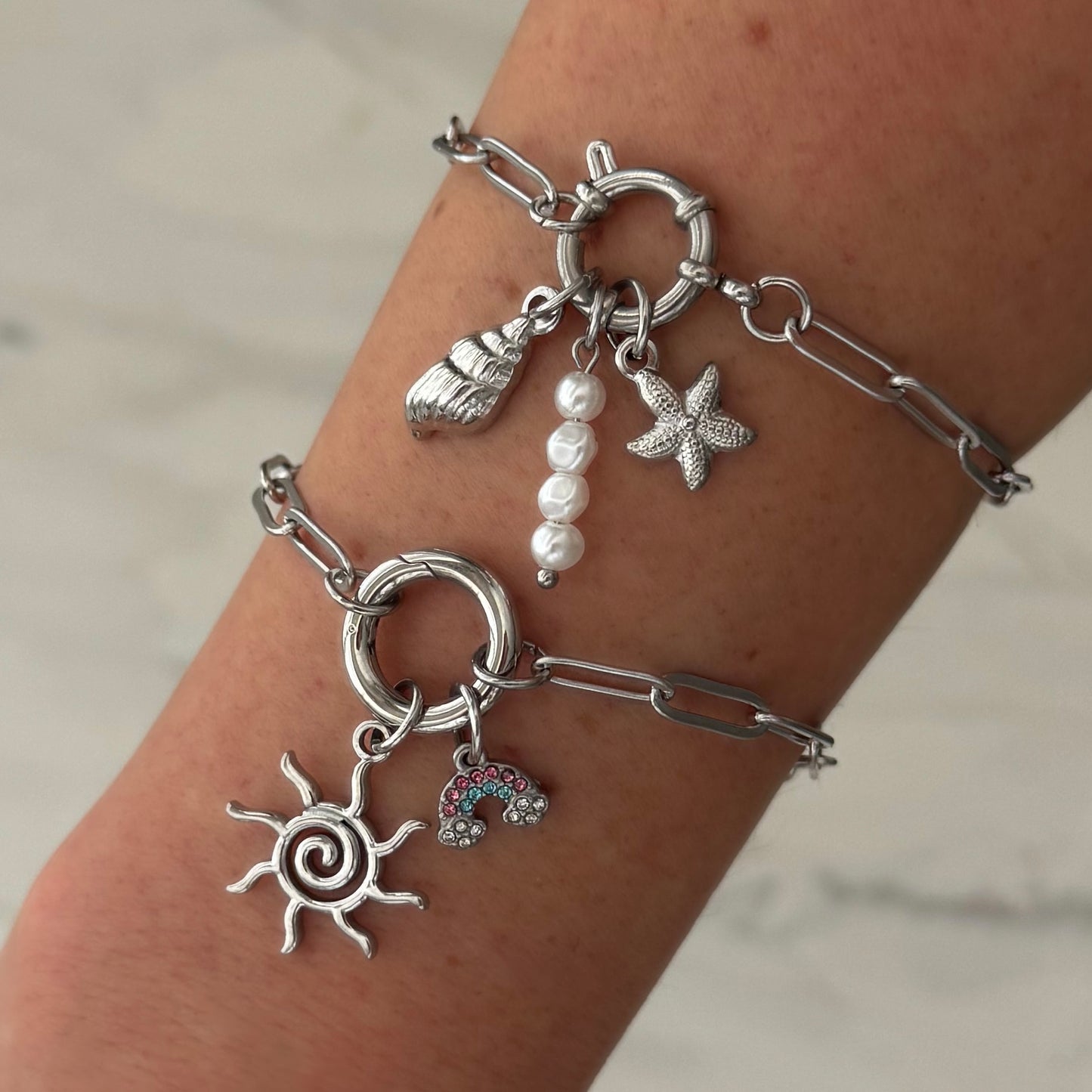 Silver Paperclip Round Charm Bracelet