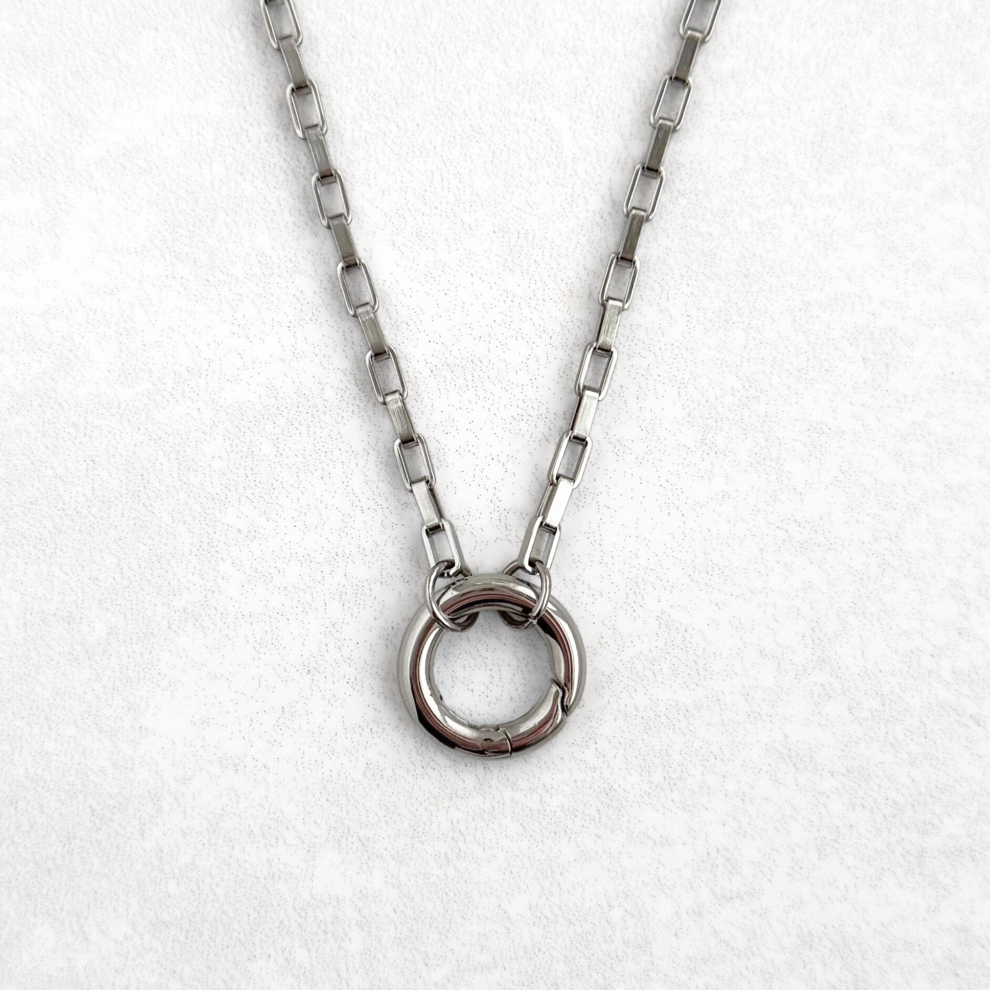 Silver Rectangular Link Round Charm Necklace