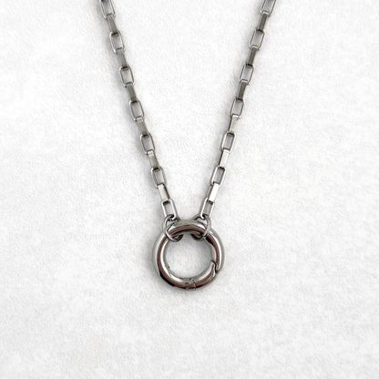 Silver Rectangular Link Round Charm Necklace