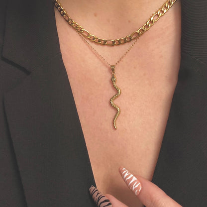 gold snake pendant and chain, figaro gold chain